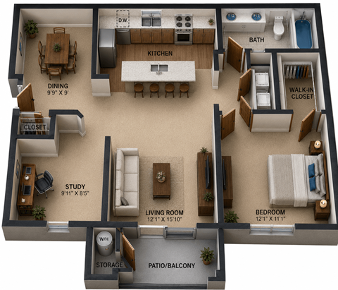 Floor plan for 1 bed, 1 bath, 905 sqft